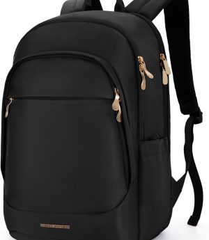 LIGHT FLIGHT Travel Backpack for Women, 15.6 Inch Laptop Backpack with USB Charging Hole, Water Resistant College Bookbag, Large Capacity Black Computer Backpacks for Work, Black