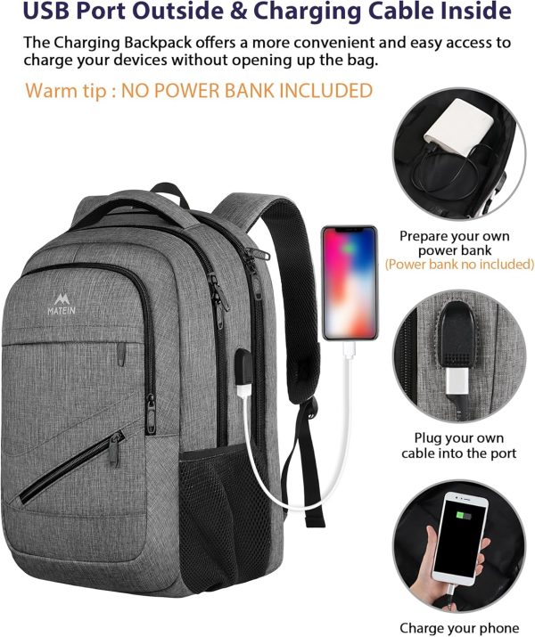MATEIN Travel Laptop Backpack, 17 Inch Business Flight Approved Carry on Backpack, TSA Large Computer Bag for Men Women with USB Port and Trolley Sleeve, College School Tactical Book Bag, Grey - Image 4