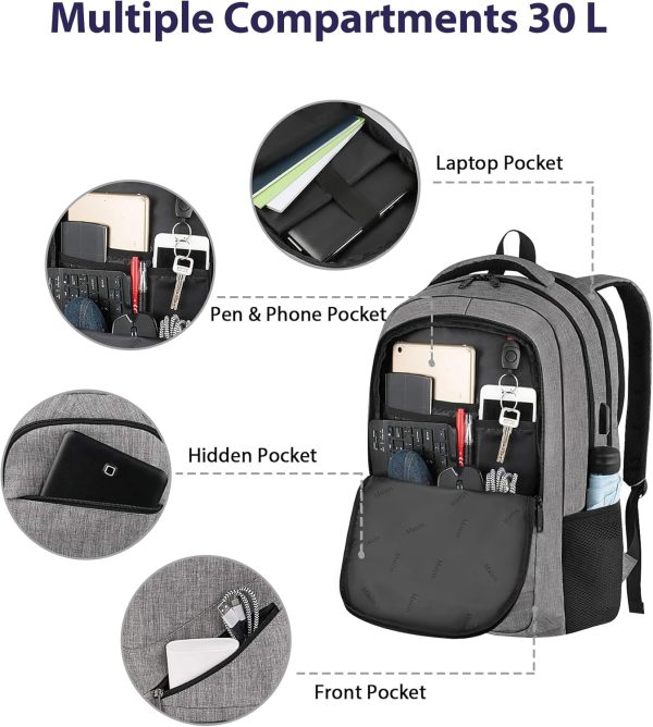 MATEIN Travel Laptop Backpack, 17 Inch Business Flight Approved Carry on Backpack, TSA Large Computer Bag for Men Women with USB Port and Trolley Sleeve, College School Tactical Book Bag, Grey - Image 8